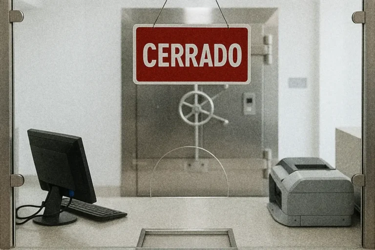 Ventanilla de banco con un letrero que indica "Cerrado".
