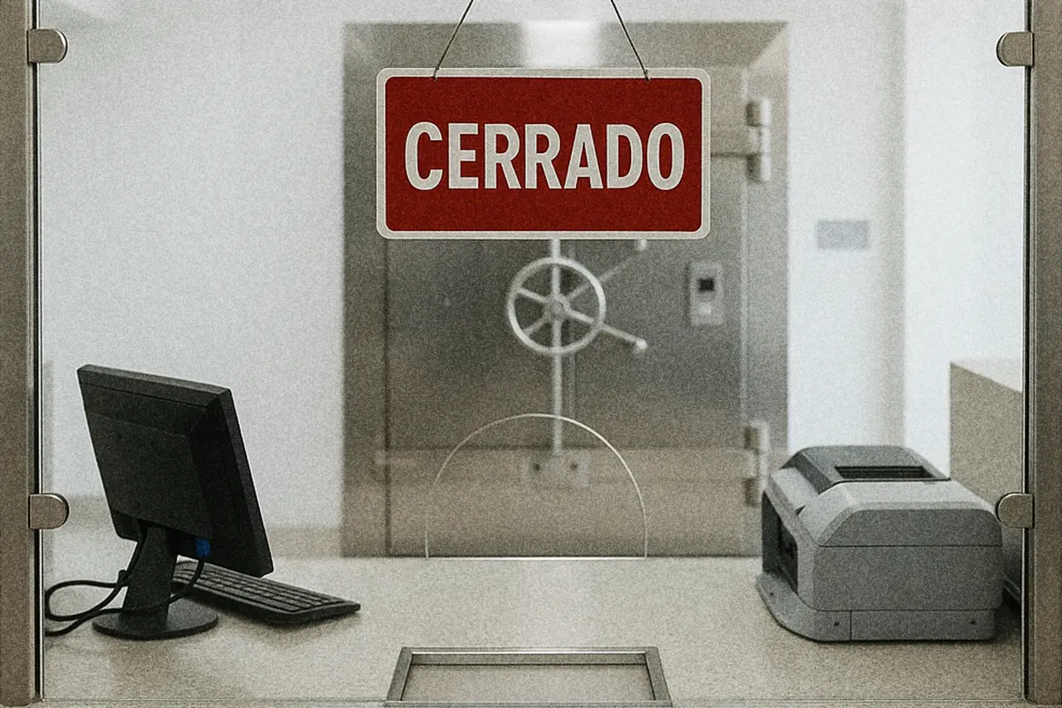 Ventanilla de banco con un letrero que indica "Cerrado".