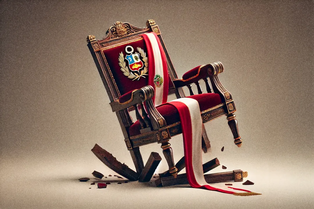 Silla rompiéndose con el escudo y la bandera peruanos.