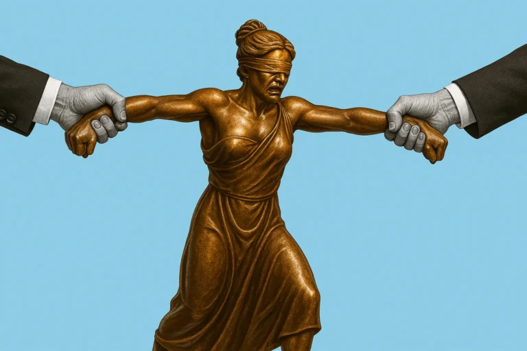 Diosa de la justicia disputada por varias manos.