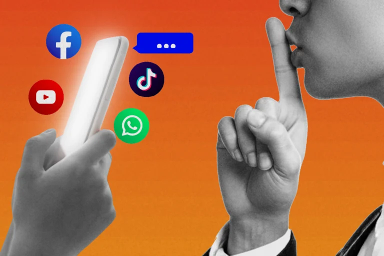 Caricatura de persona con el dedo haciendo el ademan de callar a logos de redes. sociales