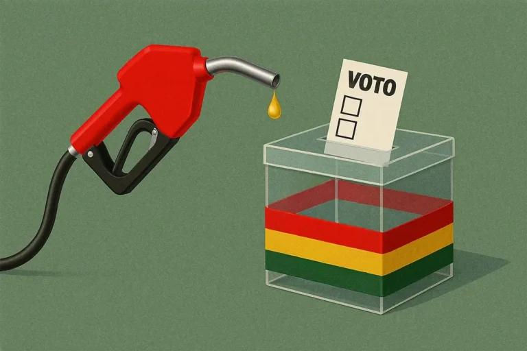 Ilustración de una urna de votación junto a un grifo de provisión de combustible.
