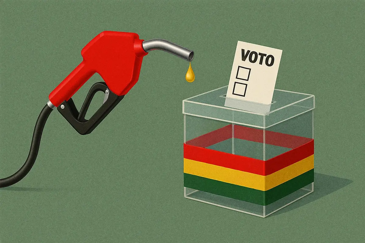 Ilustración de una urna de votación junto a un grifo de provisión de combustible.