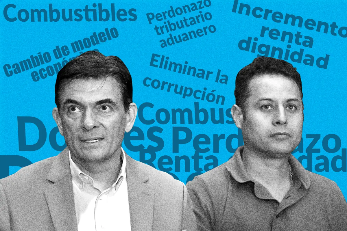 Imágenes de Rodrigo Paz y Edman Lara con las promesas escritas detrás de ellos.