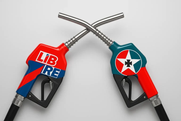 Dos grifos de combustible cruzados con logos de PDC y Libre