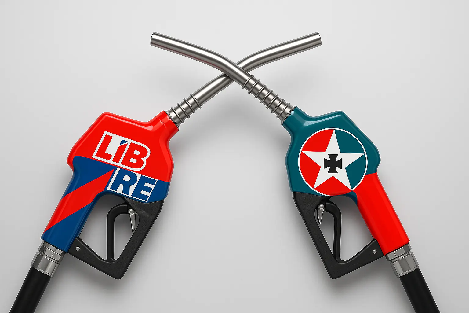 Dos grifos de combustible cruzados con logos de PDC y Libre
