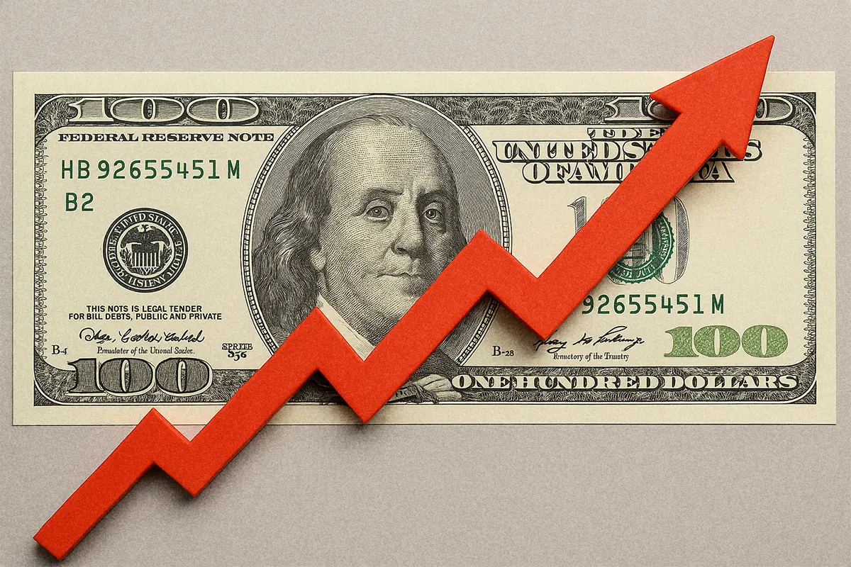 Imagen de un billete de dólar con una flecha representando la subida de su valor.