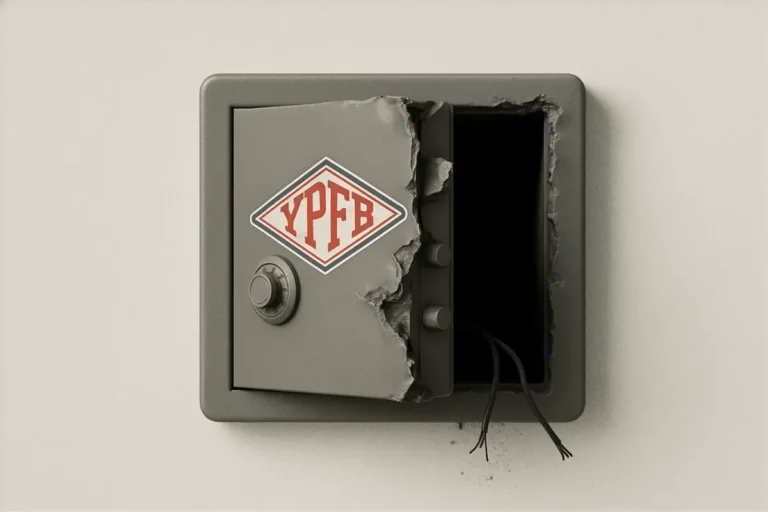 Caja fuerte rota, con el logo de YPFB
