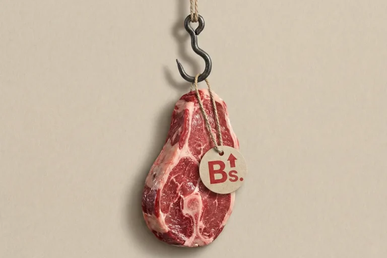 Pedazo de carne colgado de un gancho con etiqueta de subida de precio en Bs.