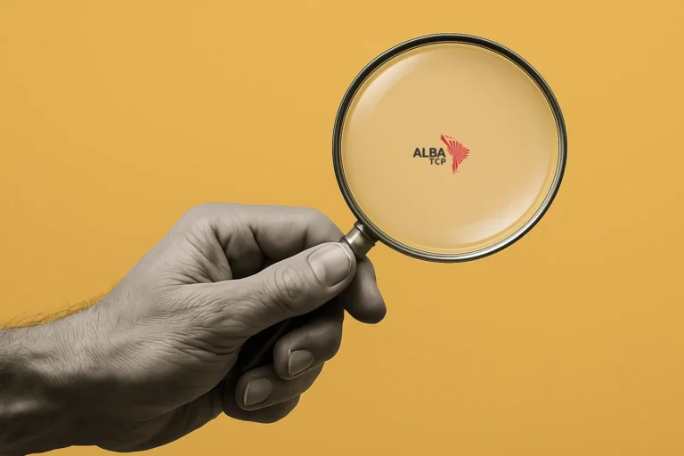 Una mano con una lupa que muestra un logo pequeño Alba