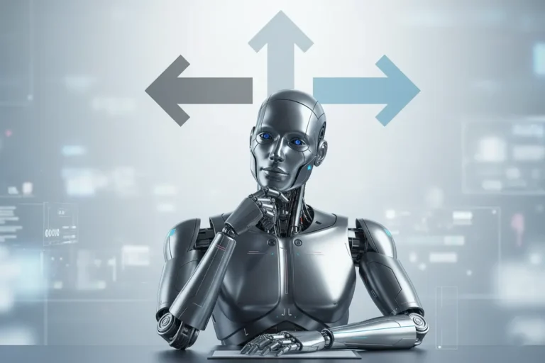 La IA representada por un robot pensante. Arriba, flechas en diferentes direcciones