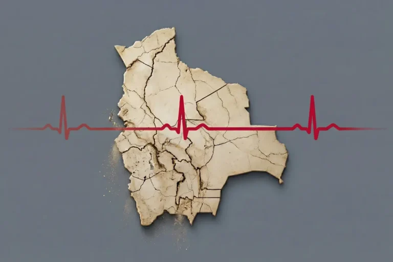 Mapa de Bolivia casi en escombros y signo de electrocardiograma
