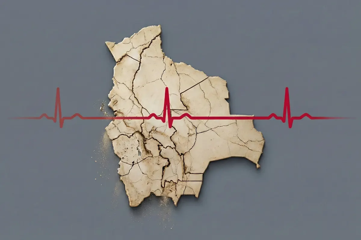 Mapa de Bolivia casi en escombros y signo de electrocardiograma