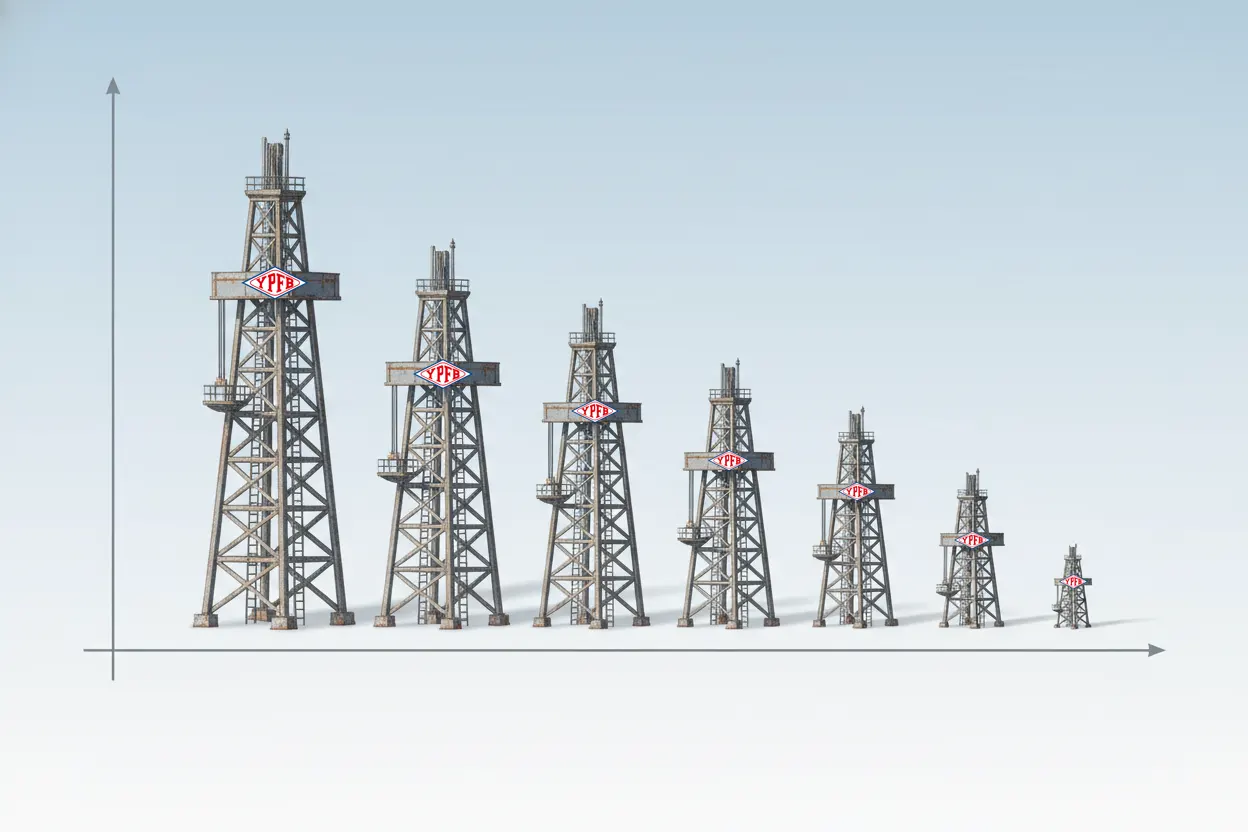 Grafico con cinco torres de gas que van de mayor a menor tamaño. Representando la caída del gas.