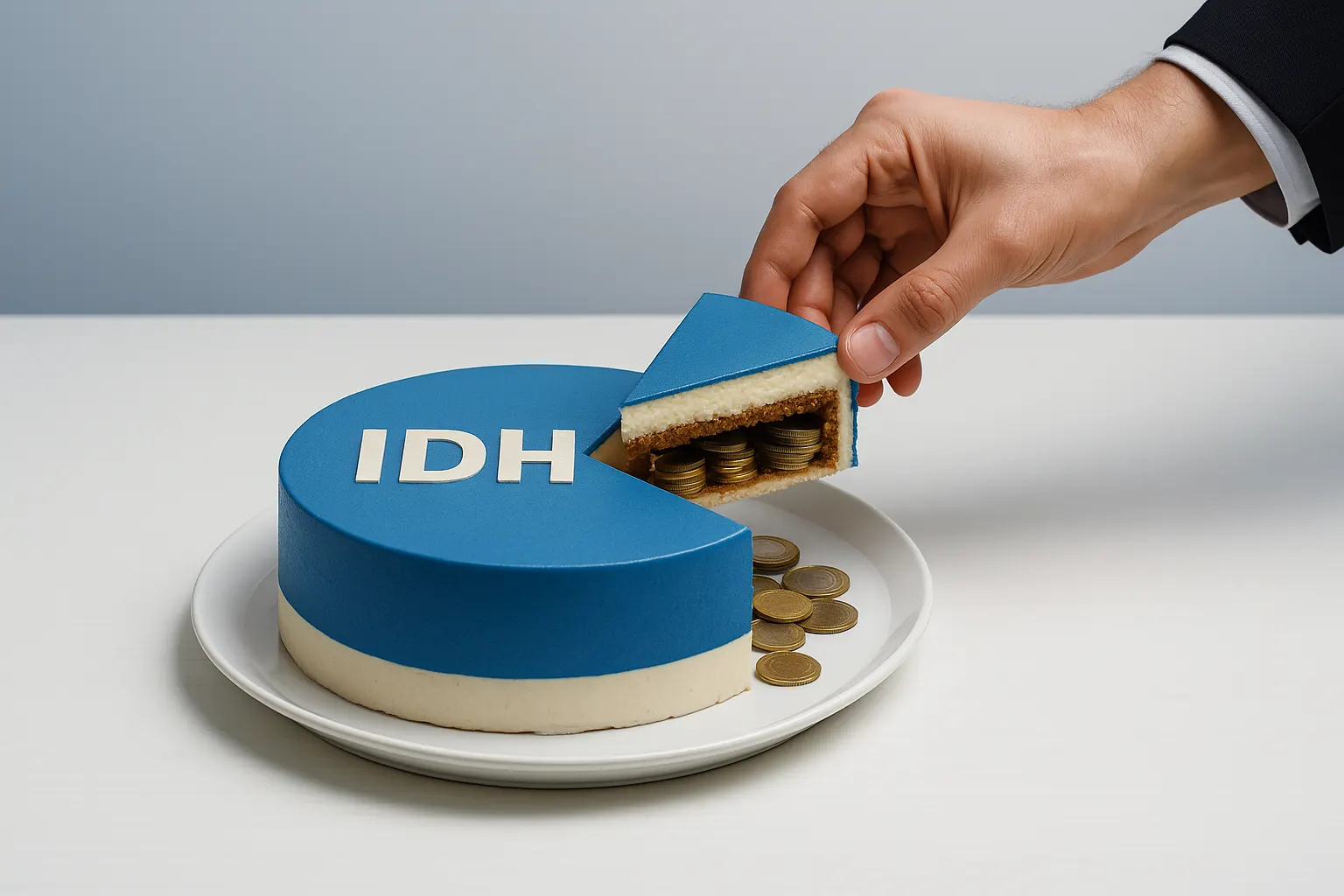 Un pastel redondo que representa el IDH y del cual extraen un pedazo simbolizando lo que va a disminuir el IDH