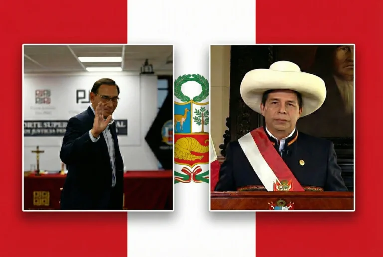 Castillo y Viscarra con la bandera de Perú de fondo
