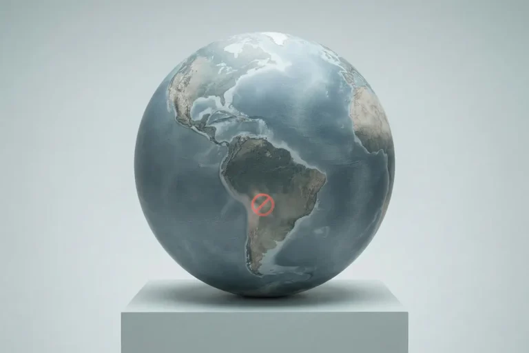 Ilustración de un mapa mundi con el símbolo de "prohibido" en Bolivia