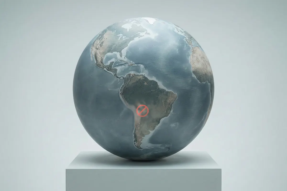 Ilustración de un mapa mundi con el símbolo de "prohibido" en Bolivia
