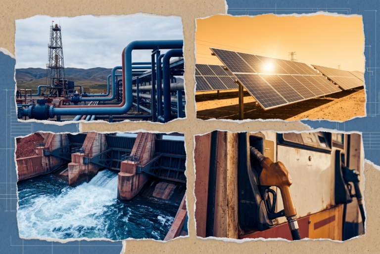 Planta de gas, represa, paneles solares y bomba de combustible.