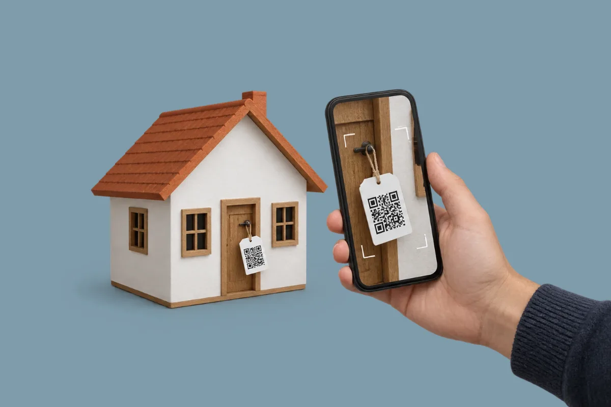 Mano que escanea con el celular el código QR de una casa en miniatura, ilustración sobre el registro RENAPSI